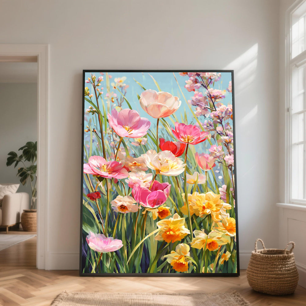 Bright Spring Flowers Canvas Wall Art, Colorful Tulips and Daffodils, Floral Meadow Painting, Garden Wall Decoration, Botanical Canvas Print
