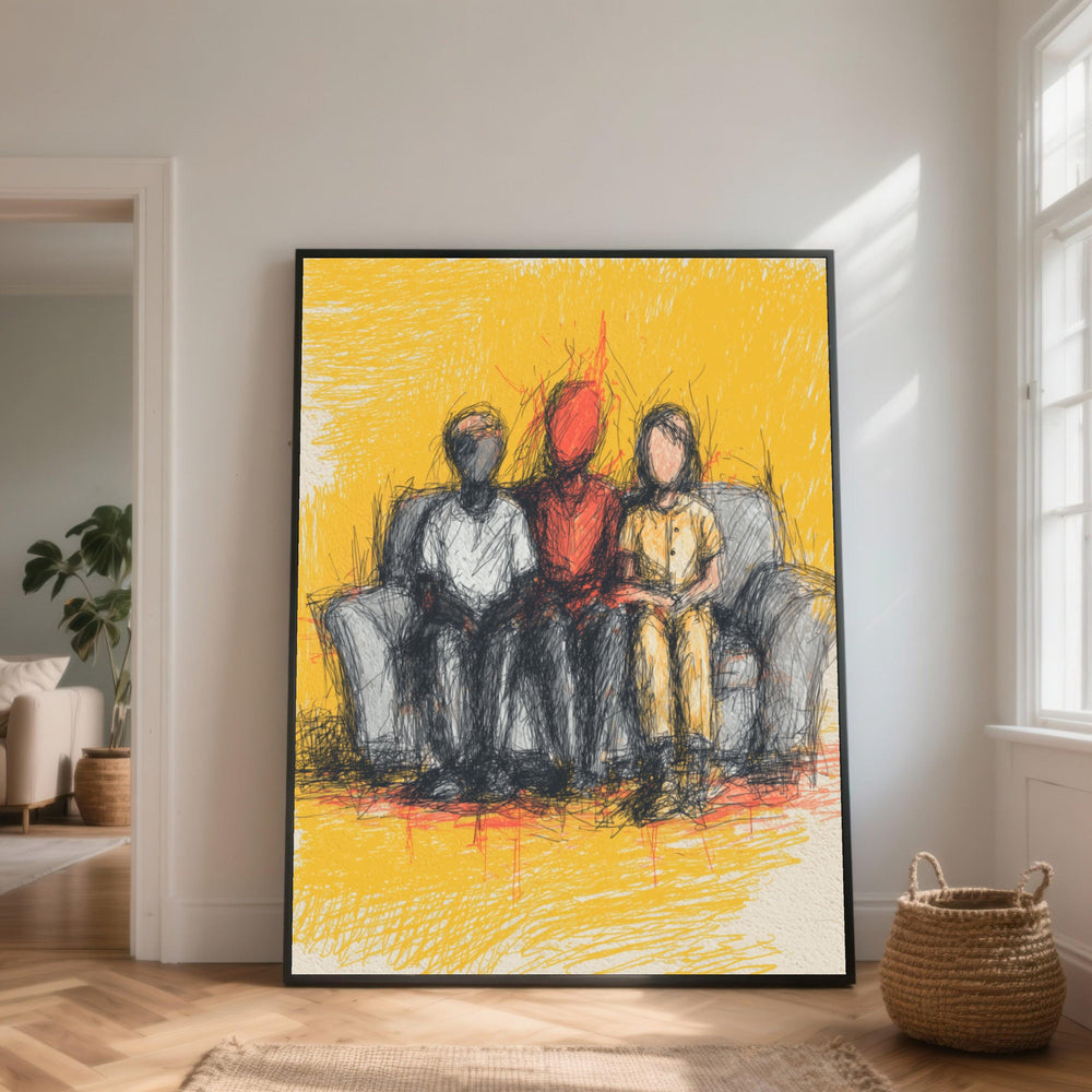 Abstract Family Portrait Canvas, Modern Figurative Wall Art, Colorful Sketch Illustration, Yellow Background Home Decor, Ready to Hang