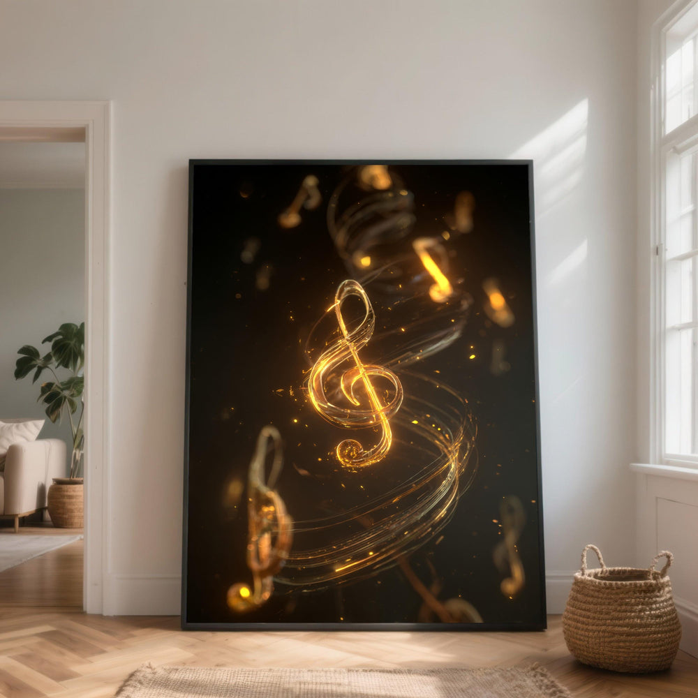 Glowing Treble Clef Canvas Wall Art, Abstract Music Note Design, Modern Golden Music Symbol, Light Effects Canvas Decoration, Music Lover