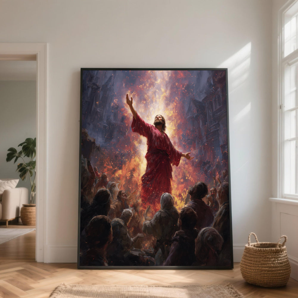 Fiery Ascension, Inspirational Jesus Canvas, Religious Wall Art, Spiritual Christian Decor, Divine Light Painting, Home Faith Decoration