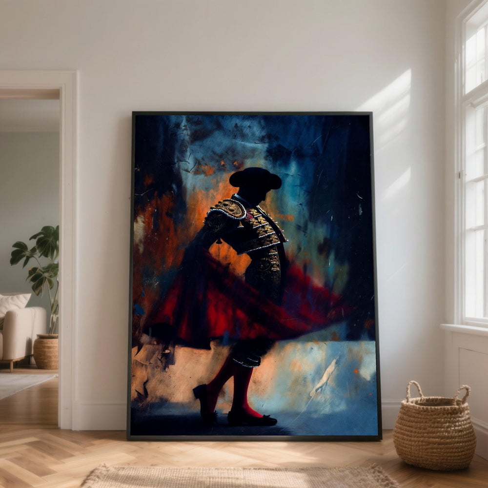 Dramatic Bullfighter Silhouette Canvas, Spanish Matador Art, Flamenco Dance Wall Decor, Vibrant Red and Blue Canvas, Spanish Culture
