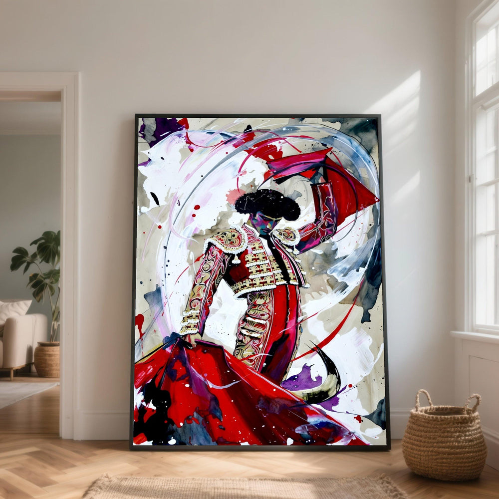 Bullfighter in Action Canvas, Spanish Matador Wall Art, Vibrant Red and Gold Costume, Abstract Flamenco Dance Painting, Artistic Home Decor