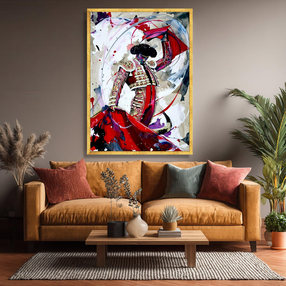 Bullfighter in Action Canvas, Spanish Matador Wall Art, Vibrant Red and Gold Costume, Abstract Flamenco Dance Painting, Artistic Home Decor
