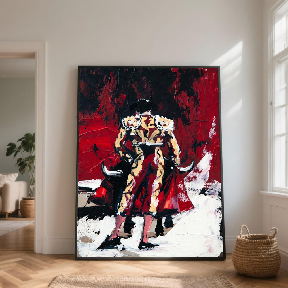 Bullfighter Abstract Canvas Wall Art, Red and Black Matador Painting, Spanish Culture Decor, Traditional Bullfighting Scene, Canvas Artwork