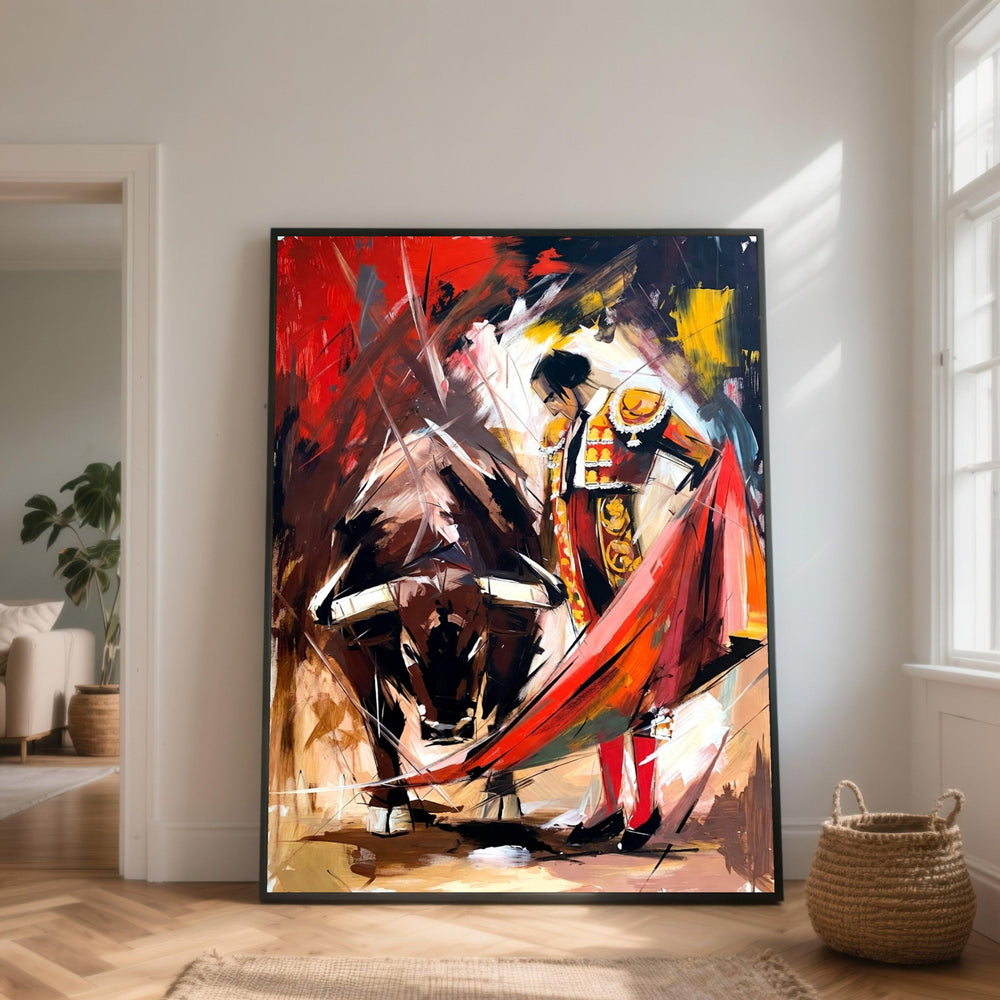 Vibrant Bullfighter and Bull Canvas, Spanish Matador Wall Art, Abstract Bullfighting Scene, Dynamic Flamenco Decor, Bold Home Canvas Art