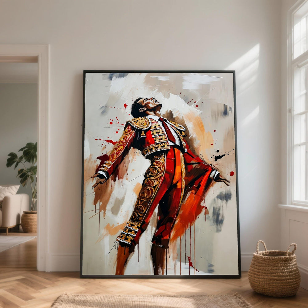 Vibrant Matador Pose Canvas, Spanish Bullfighter Wall Art, Bold Red and Gold Costume, Abstract Art Print, Flamenco Style Home Decor