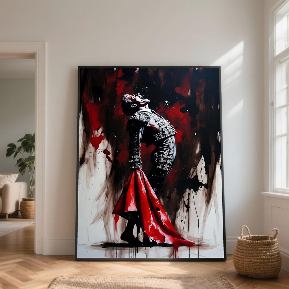 Dramatic Matador Pose Canvas, Bullfighter Wall Art, Red and Black Abstract Canvas, Spanish Culture Decor, Bold Expression Canvas, Ready to