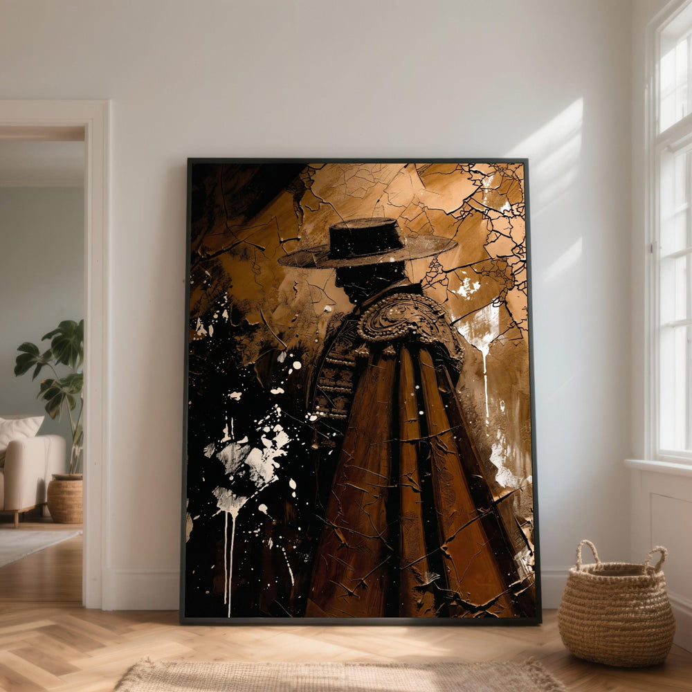 Bullfighter Silhouette Canvas, Spanish Matador Wall Art, Dark Brown Abstract Painting, Rustic Home Decoration, Vintage Style Canvas Art
