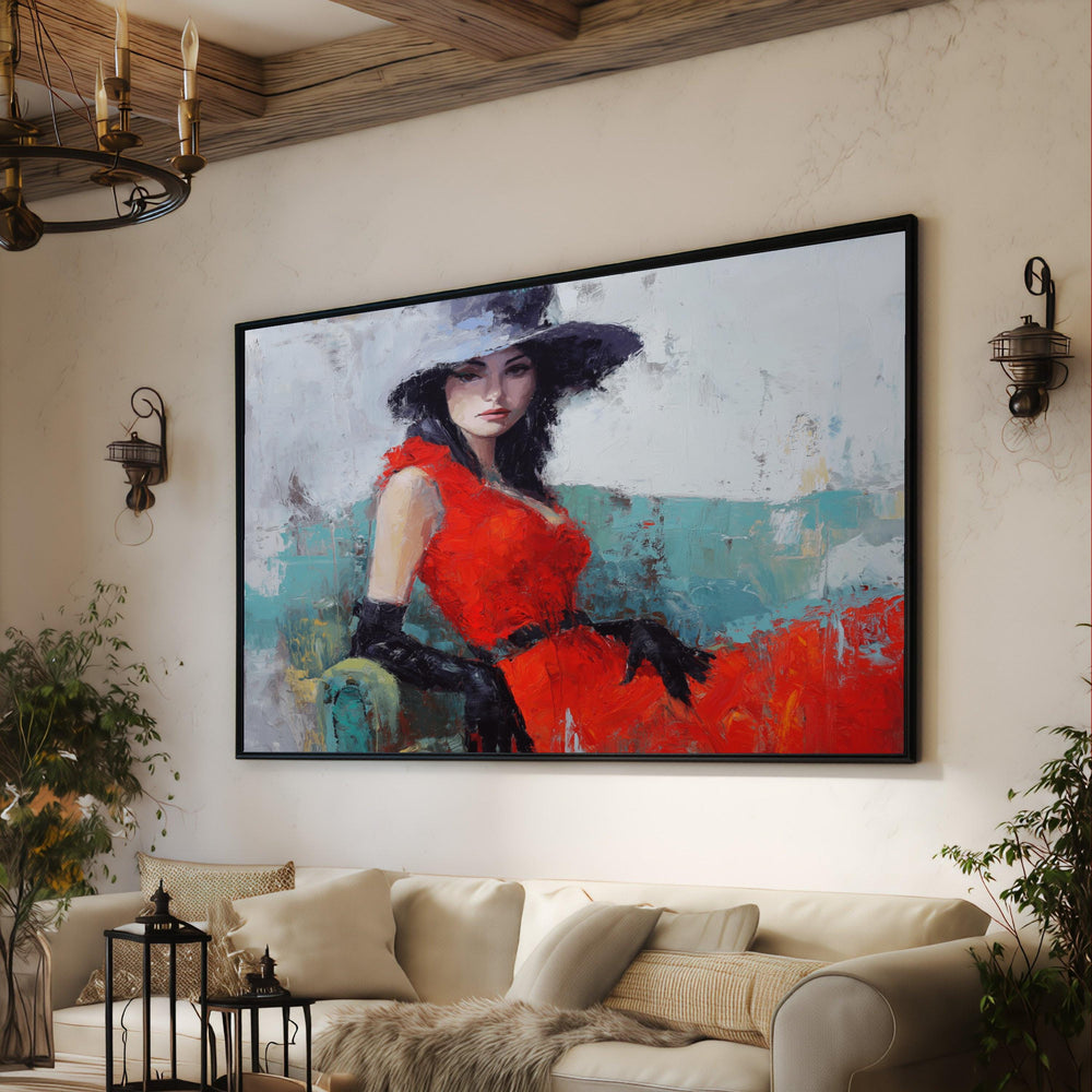 Elegant Woman in Red Dress Canvas, Modern Portrait Wall Art, Fashion Figure Painting, Abstract Female Canvas, Chic Home Decoration