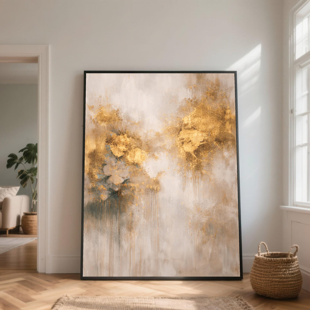 Golden Floral Abstract Canvas, Elegant Metallic Wall Art, Modern Flower Design, Luxury Home Decoration, Ready to Hang Artwork