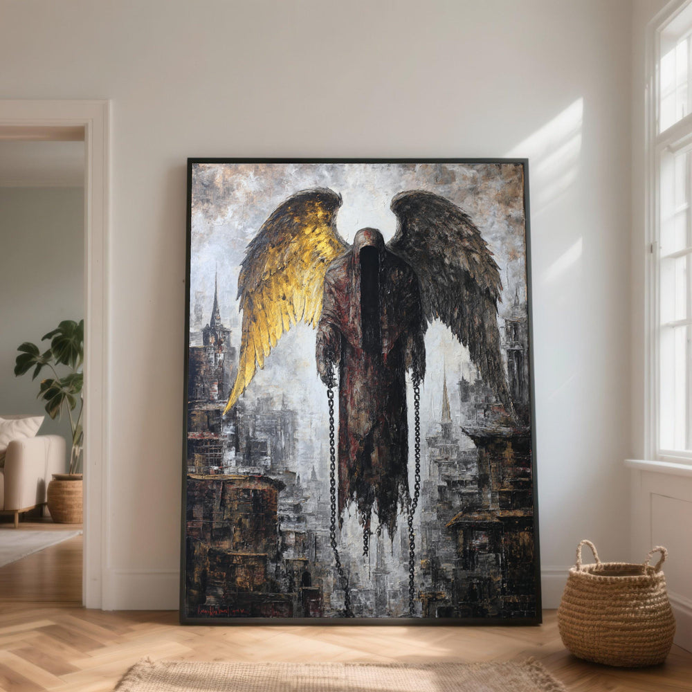 Dark Angel with Golden Wings Canvas, Gothic Fantasy Wall Art, Mysterious Cloaked Figure, Urban Cityscape Canvas, Dramatic Home Decor