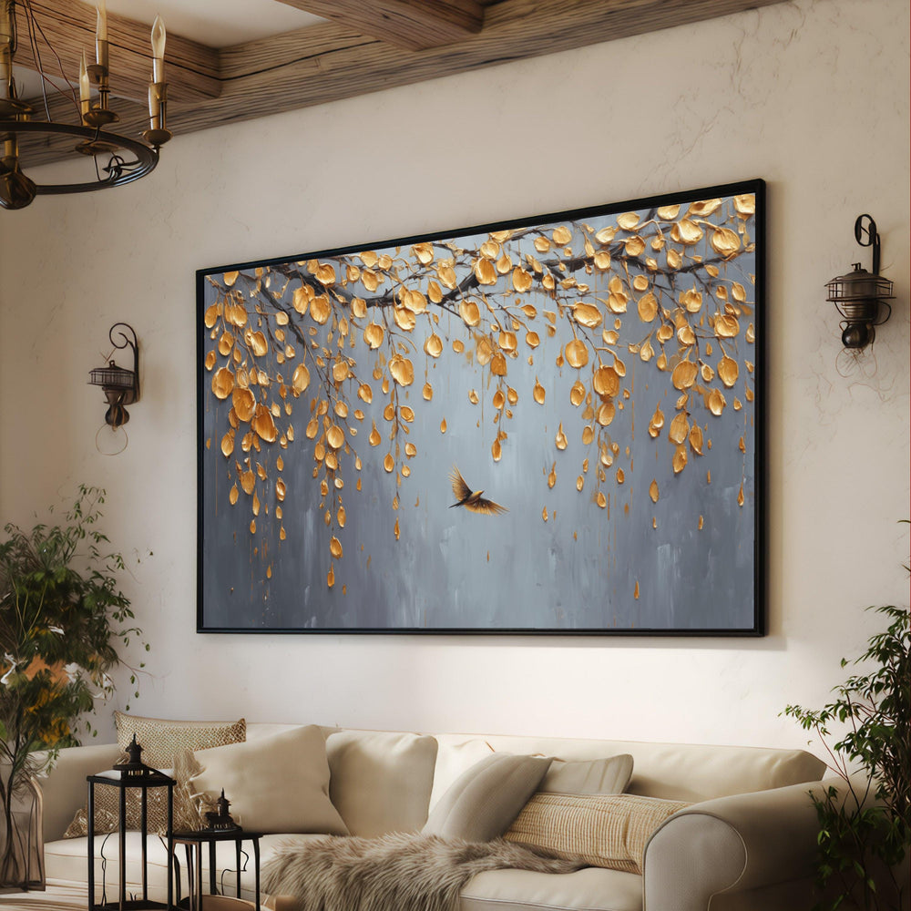 Golden Leaves Branch Canvas Wall Art, Bird Flight Painting, Modern Nature Wall Decor, Abstract Floral Canvas, Ready to Hang Artwork