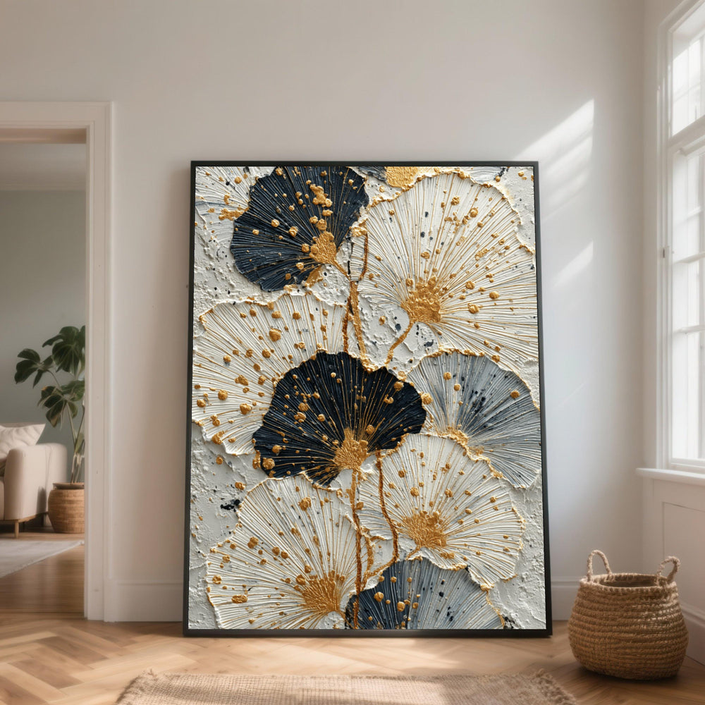 Elegant Floral Abstract Canvas, Gold Accent Wall Art, Modern Botanical Design, Neutral Tones Canvas, Home Decor Artwork, Ready to Hang