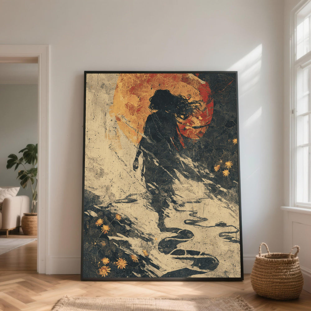 Mystical Silhouette with Red Sun, Abstract Woman Canvas Art, Dreamy Nature Scene, Contemporary Wall Decoration, Floral Elements Print
