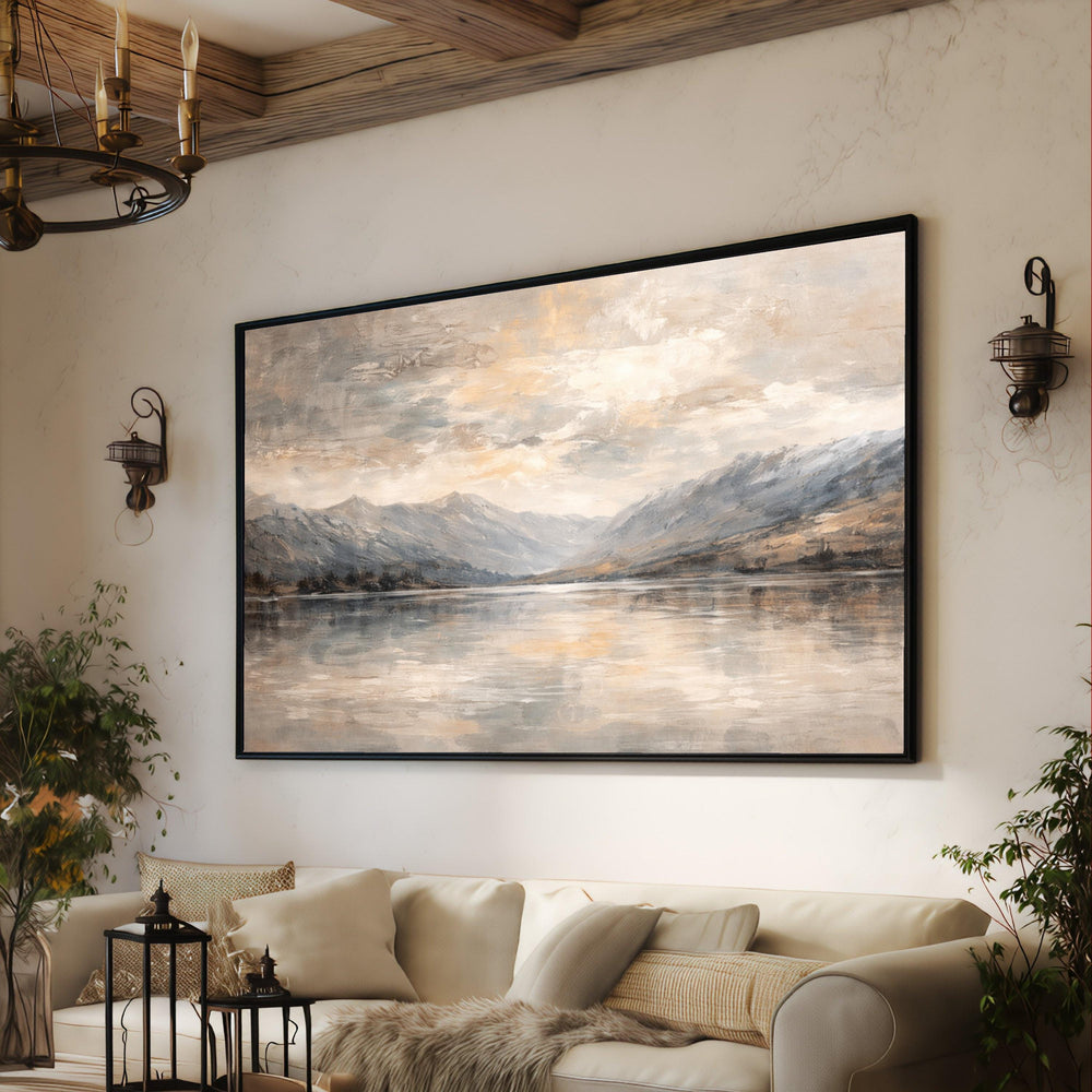 Tranquil Mountain Lake Canvas, Serene Landscape Wall Art, Soft Sky Reflection, Nature Scene Canvas, Calm Waters Decoration