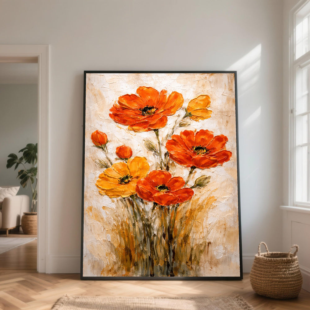 Vibrant Orange and Yellow Poppy Flowers Canvas, Floral Bouquet Wall Art, Nature Blooms Canvas Decoration for Living Room