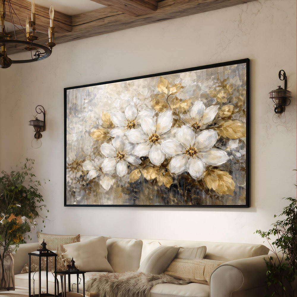Elegant White Floral Bouquet Canvas, Gold Leaf Accents, Classic Flower Wall Art, Neutral Home Decor, Ready to Hang Canvas Painting