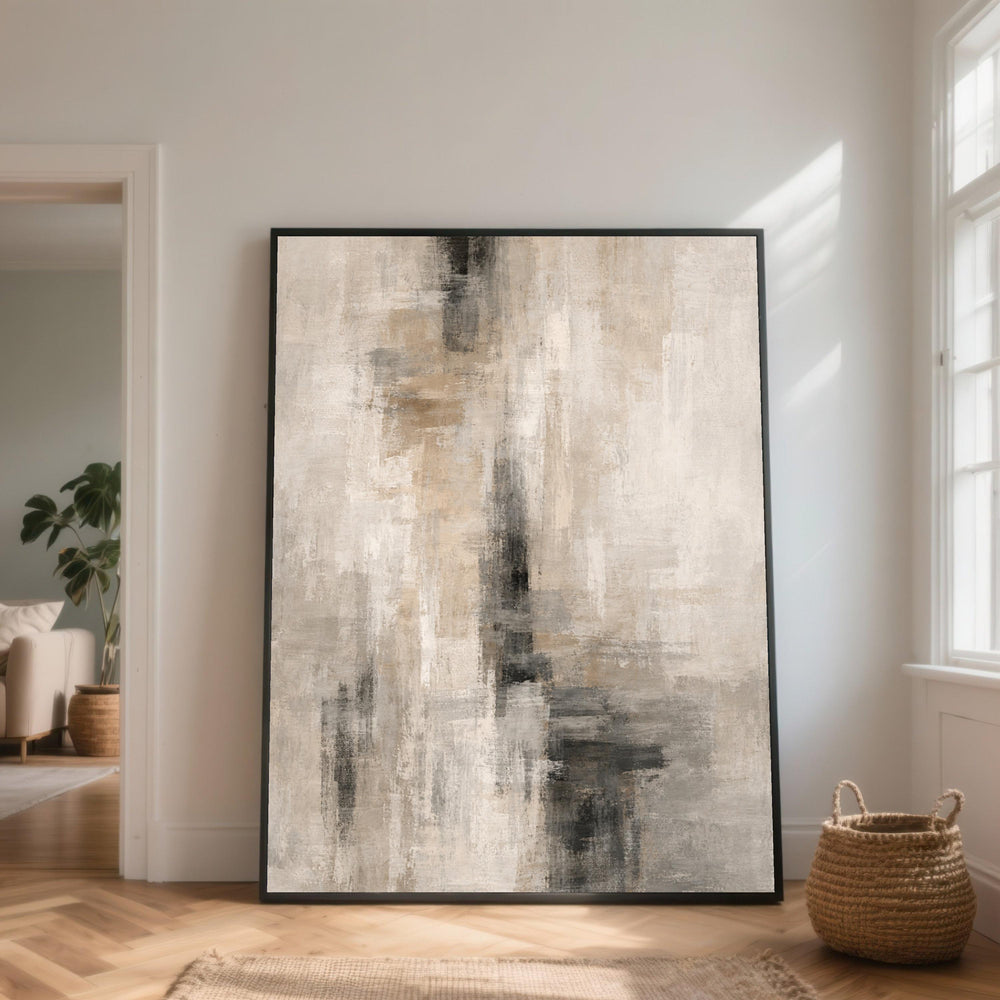 Neutral Abstract Canvas Wall Art, Modern Beige and Gray Brushstroke Painting, Contemporary Minimalist Home Decor, Vertical Canvas Design