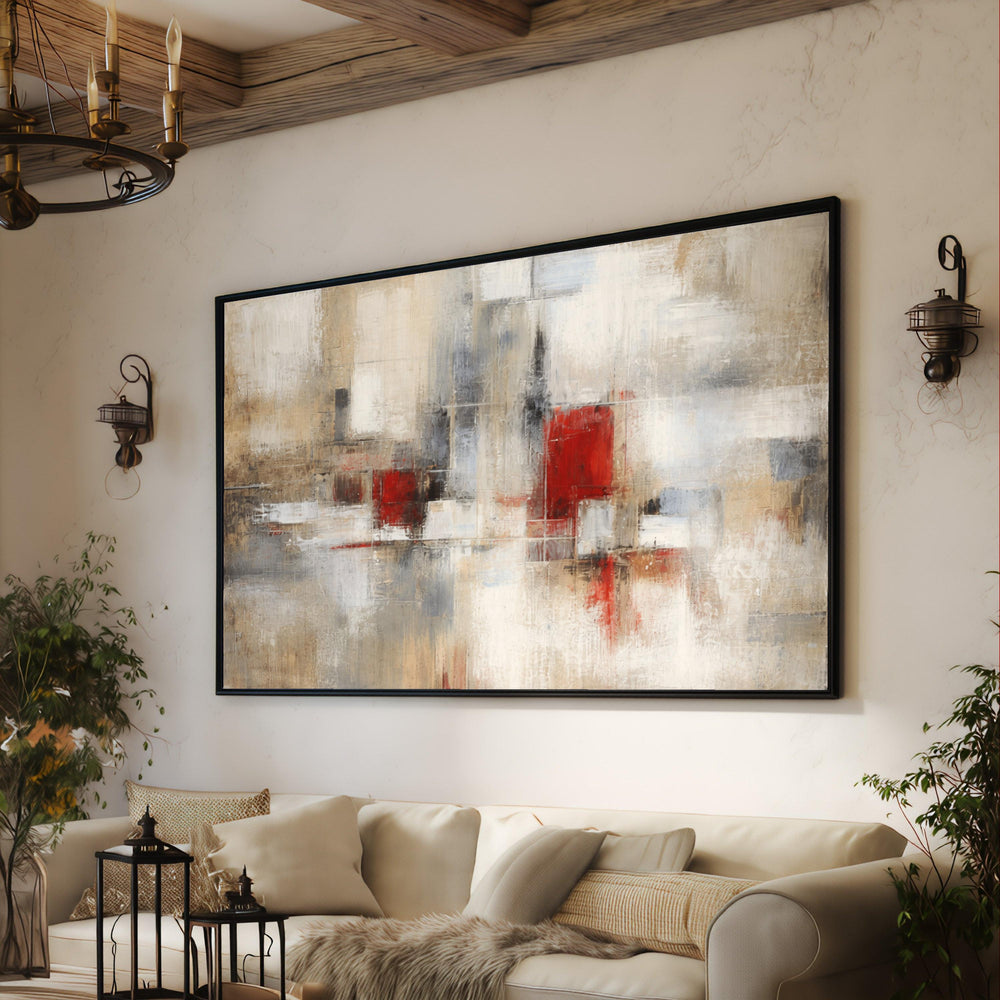 Modern Abstract Canvas Wall Art, Neutral Tones with Red Accents, Contemporary Geometric Painting, Living Room Decoration
