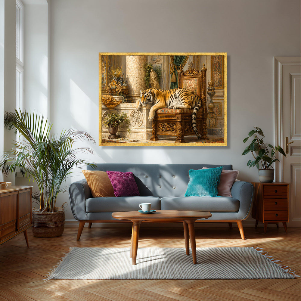 Majestic Tiger Resting on Ornate Throne Canvas, Regal Animal Wall Art, Luxury Interior Decor, Exotic Wildlife Canvas, Elegant Home