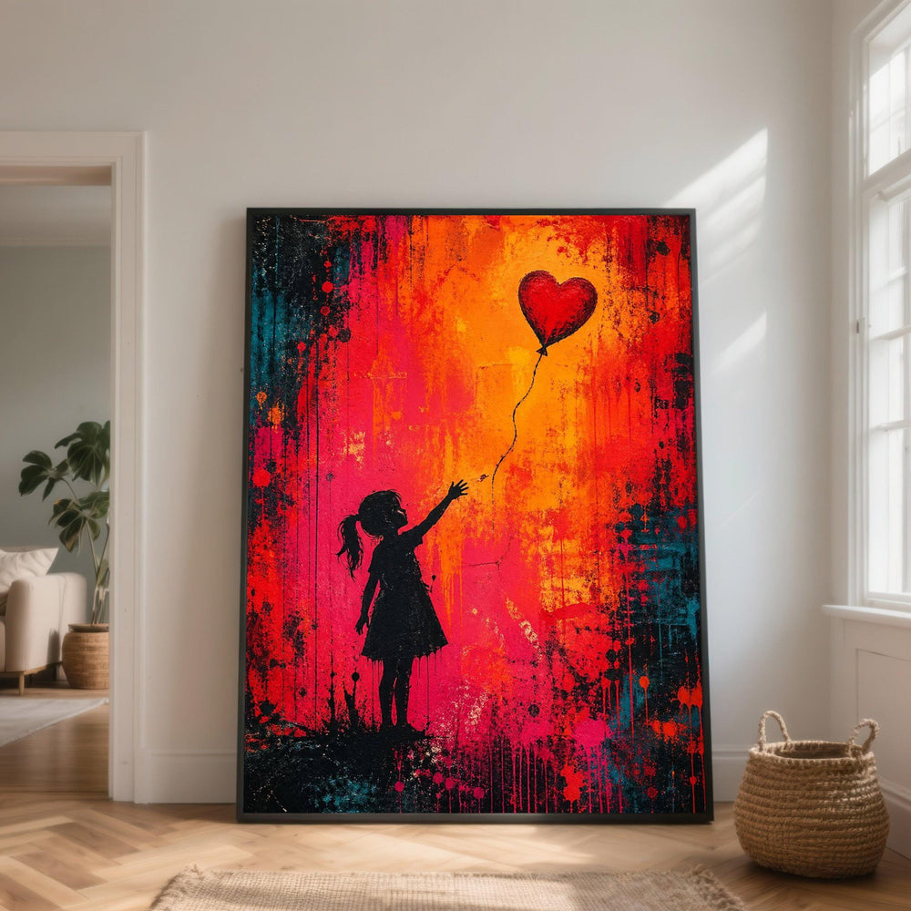 Girl Reaching Heart Balloon Canvas, Colorful Abstract Wall Art, Emotional Silhouette Painting, Modern Home Decor, Vibrant Canvas Print