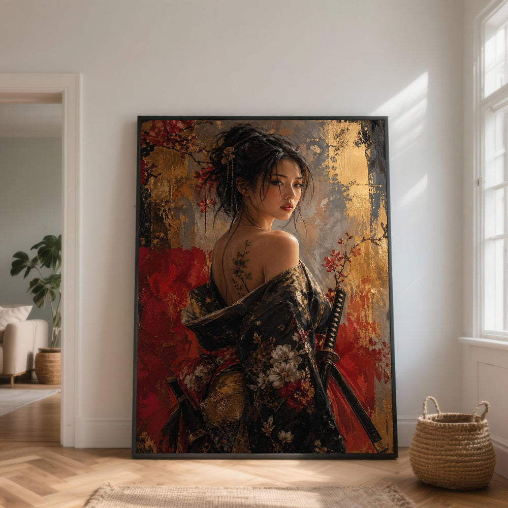 Elegant Geisha Portrait Canvas, Floral Kimono Wall Art, Japanese Woman Painting, Samurai Sword Decoration, Asian Canvas Print