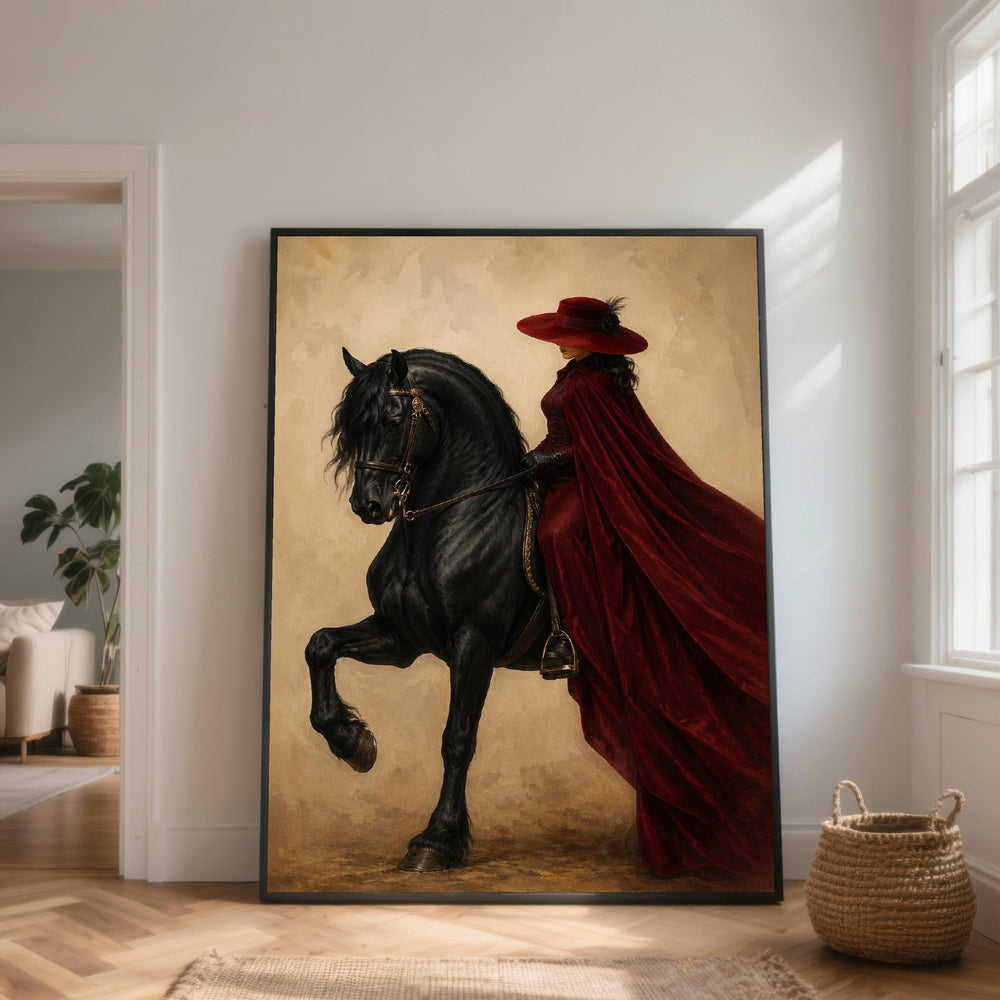 Elegant Woman Rider Canvas, Black Stallion Wall Art, Vintage Equestrian Painting, Red Cloak Horse Rider Decor, Dramatic Canvas Art