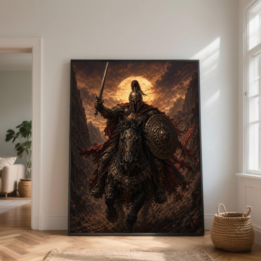 Warrior Knight on Horseback Canvas, Medieval Armor Wall Art, Brave Soldier with Sword and Shield, Fantasy Battle Scene Canvas, Moonlit Night