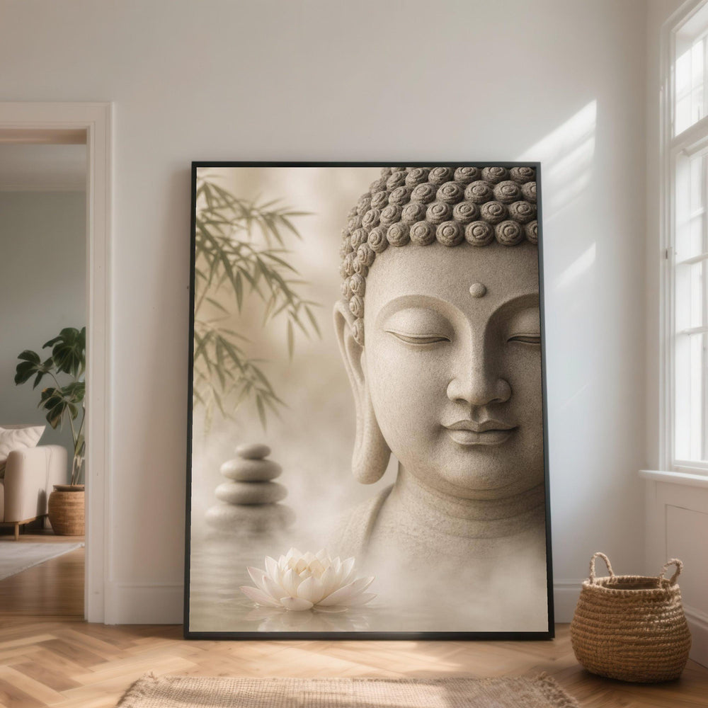 Tranquil Buddha Face Canvas, Zen Lotus Flower Wall Art, Meditation Decor, Calm Spa Artwork, Peaceful Home Decoration