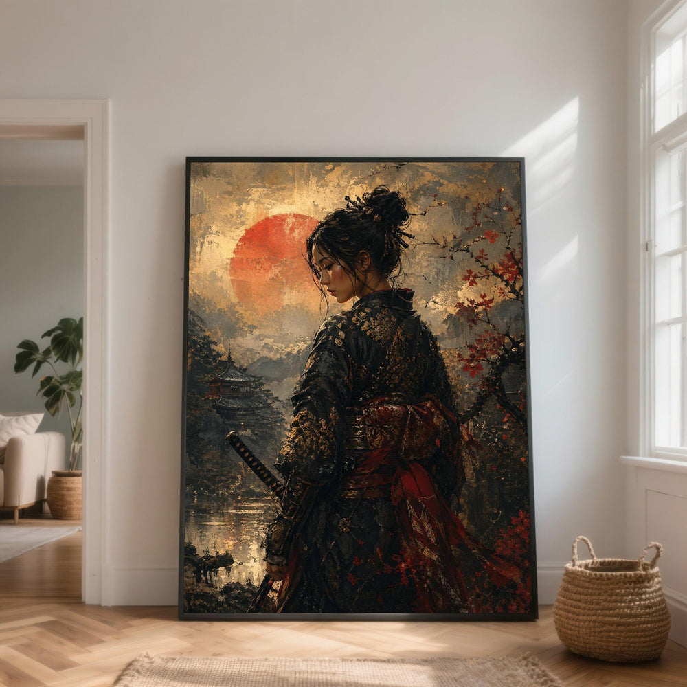 Elegant Japanese Warrior Woman Canvas, Samurai Sword Art, Red Sun Background, Traditional Kimono Wall Decor, Asian Culture Canvas Art