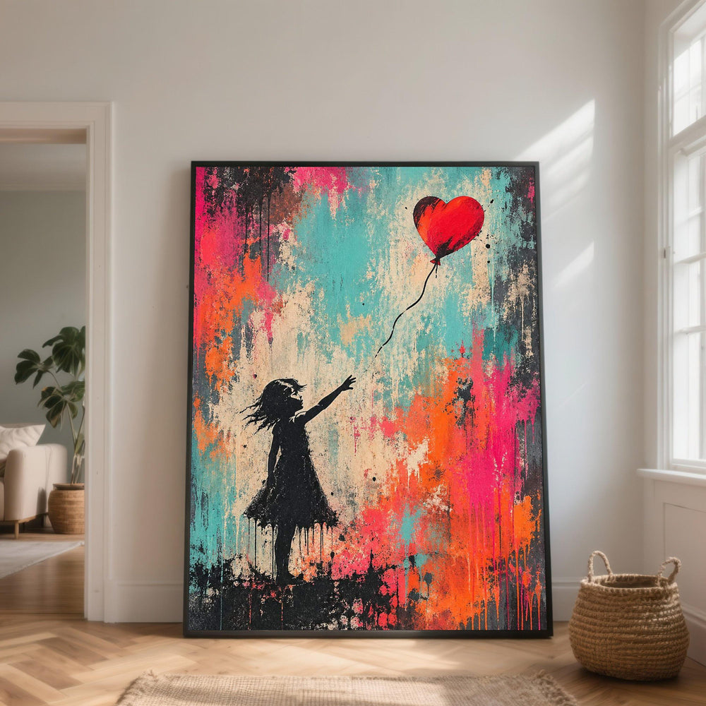 Girl Releasing Heart Balloon Canvas, Color Splash Wall Art, Romantic Abstract Home Decoration, Contemporary Canvas Print