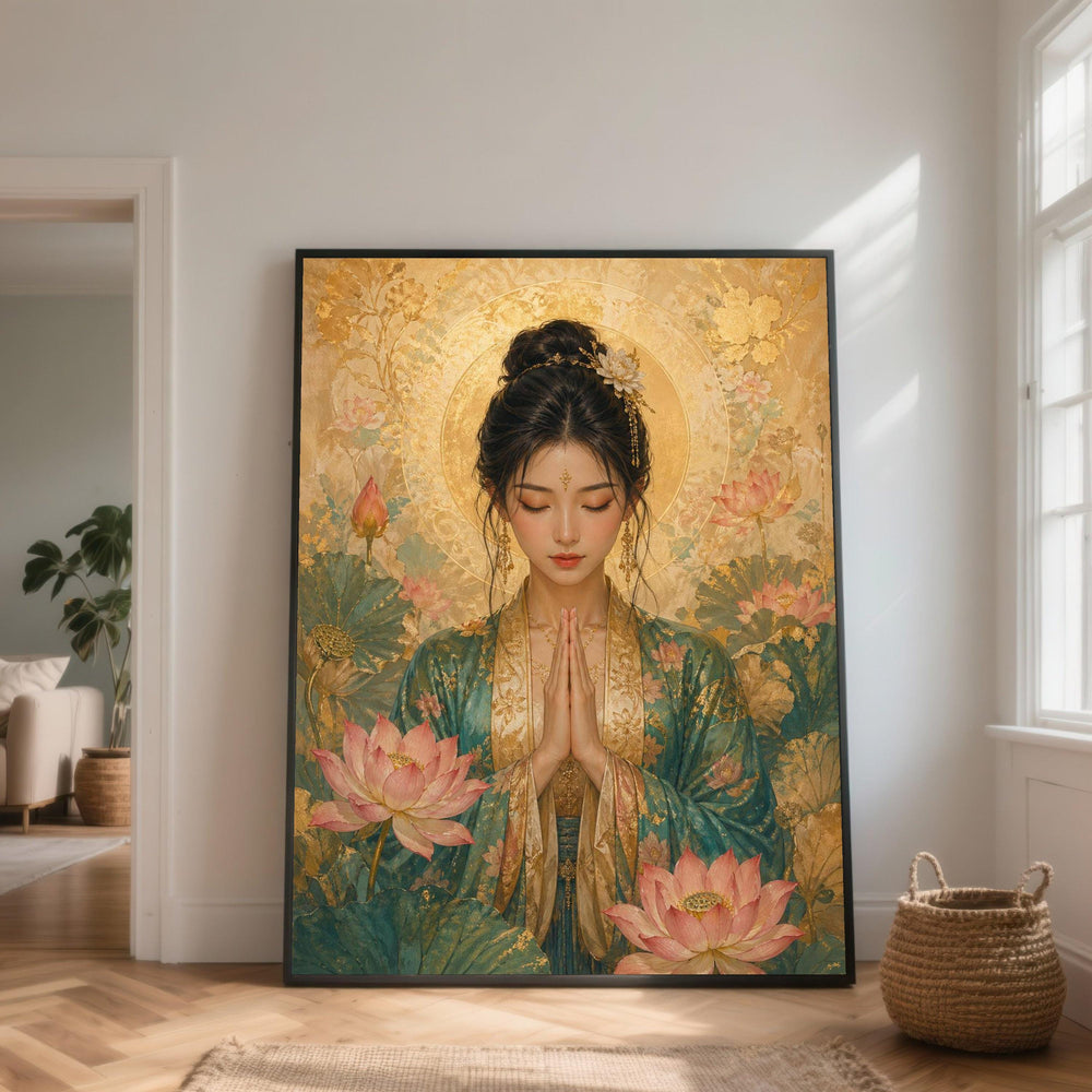 Elegant Asian Woman Praying, Lotus Flowers Canvas, Spiritual Wall Art, Gold Floral Decoration, Meditation Canvas Art