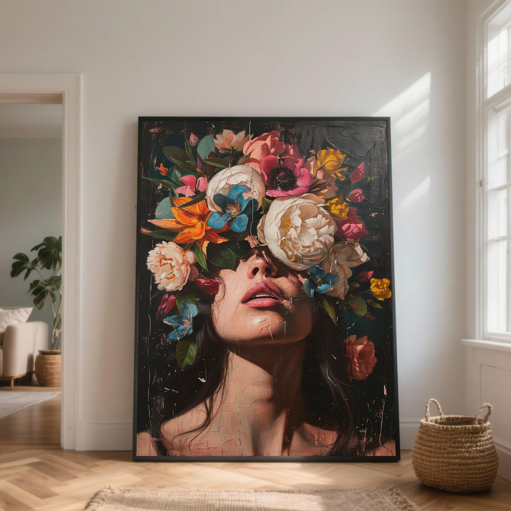 Floral Crown Portrait Canvas, Woman with Flowers Wall Art, Modern Artistic Face Decor, Colorful Botanical Canvas, Elegant Home Decoration