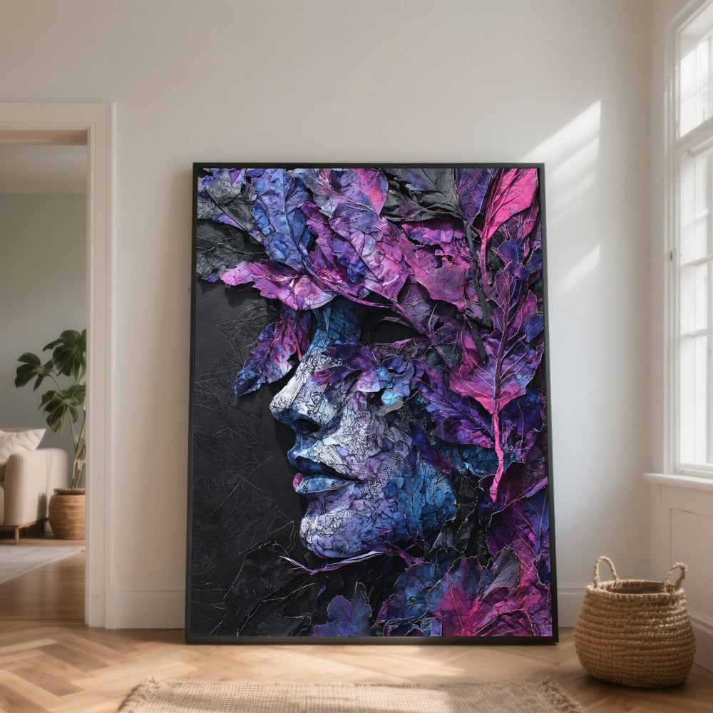 Abstract Woman Face Canvas Art, Purple Blue Leaves Wall Art, Modern Nature Portrait Canvas, Floral Face Decoration, Home Wall Canvas