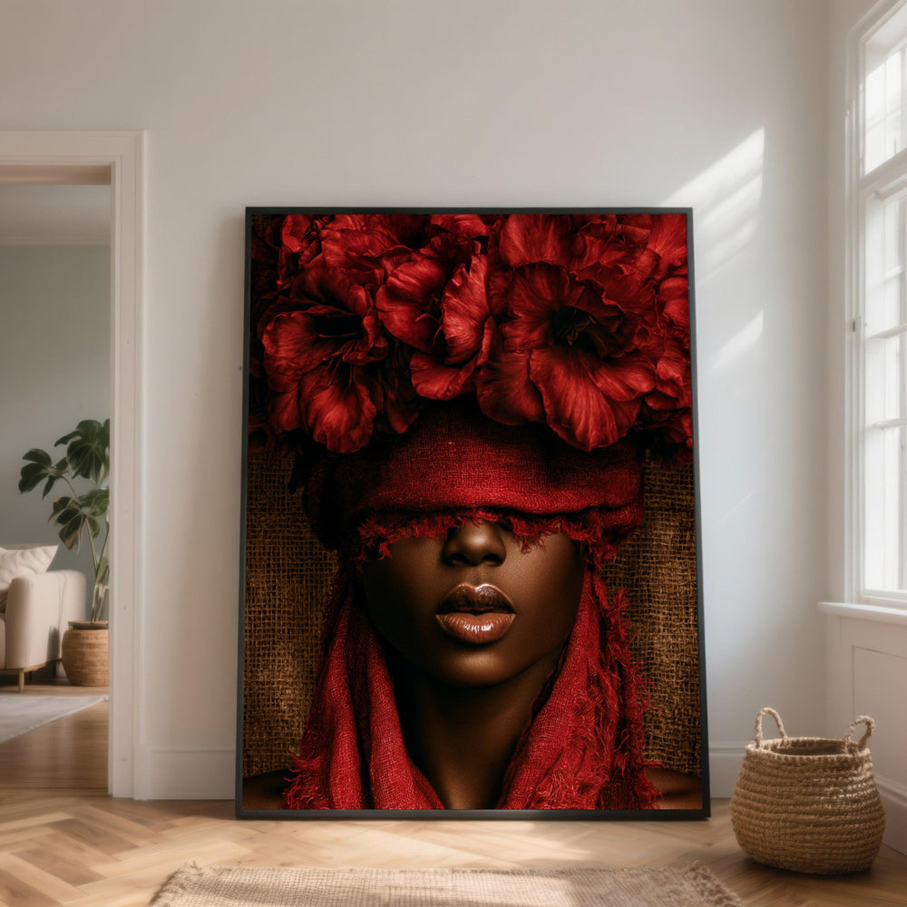 Elegant Woman Portrait with Red Floral Headpiece Canvas, Dramatic Wall Art, Contemporary Home Decor, Fashion Statement Canvas, Ready to Hang