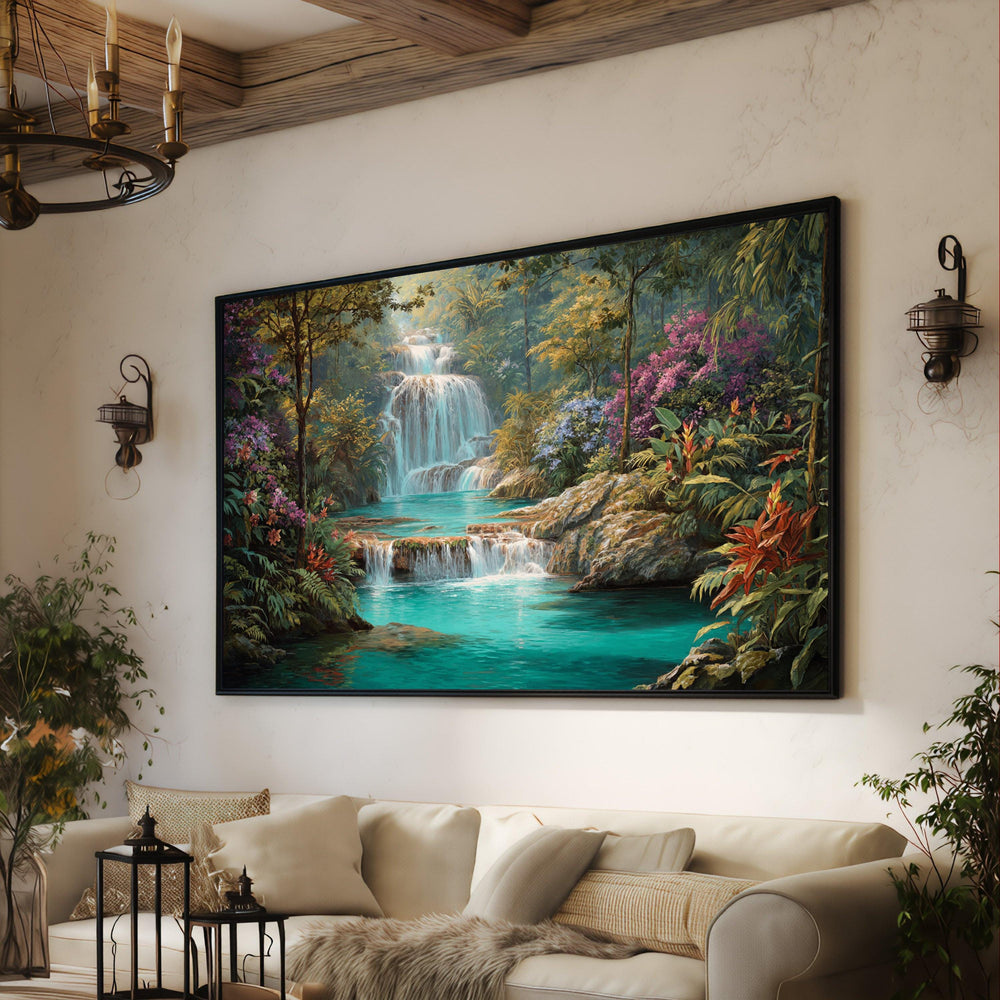 Tropical Waterfall Canvas Wall Art, Lush Jungle Landscape, Blue Lagoon Waterfall, Floral Garden Canvas, Nature Scene Wall Decor, Ready to