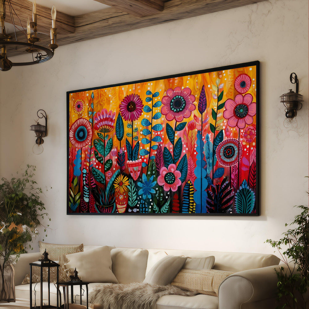 Vibrant Floral Garden Canvas, Colorful Flower Wall Art, Bright Nature Canvas, Modern Botanical Decor, Bold Home Decoration