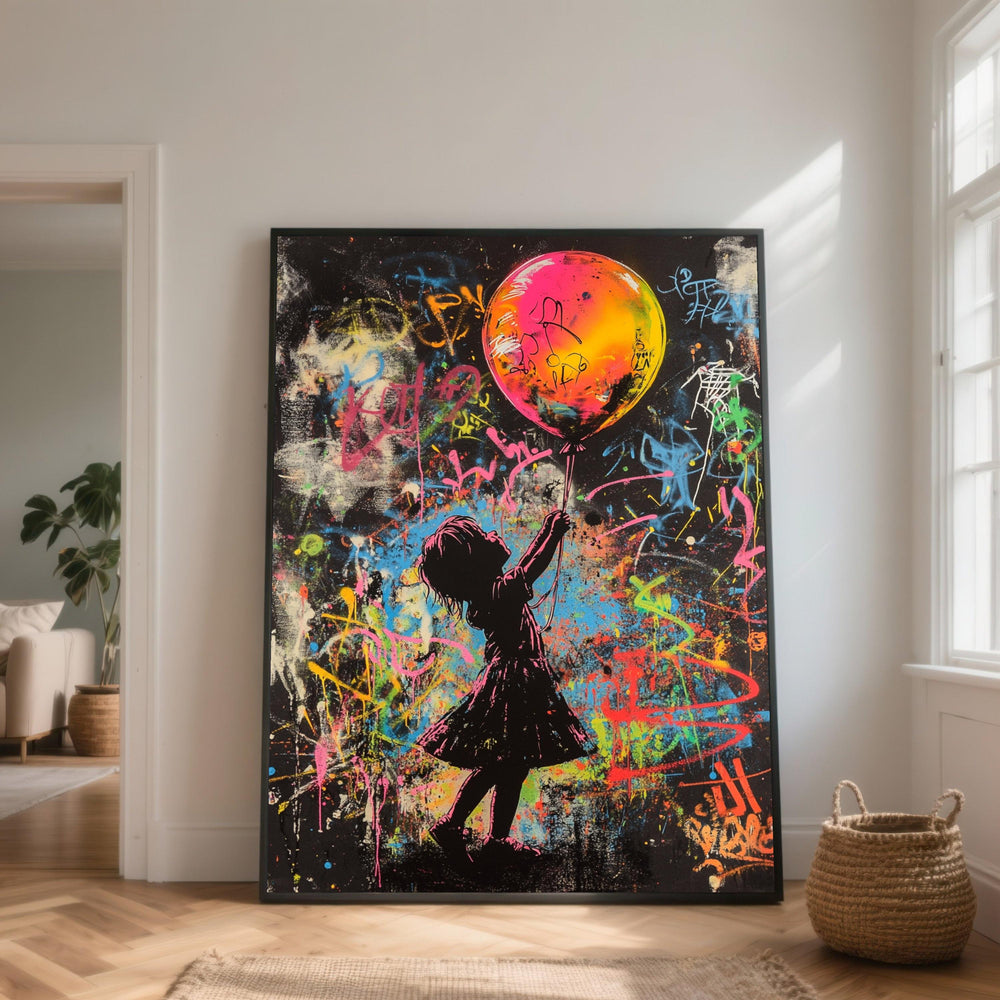 Girl Holding Balloon Graffiti Art, Urban Street Style Canvas, Colorful Wall Art, Modern Abstract Canvas, Vibrant Home Decoration