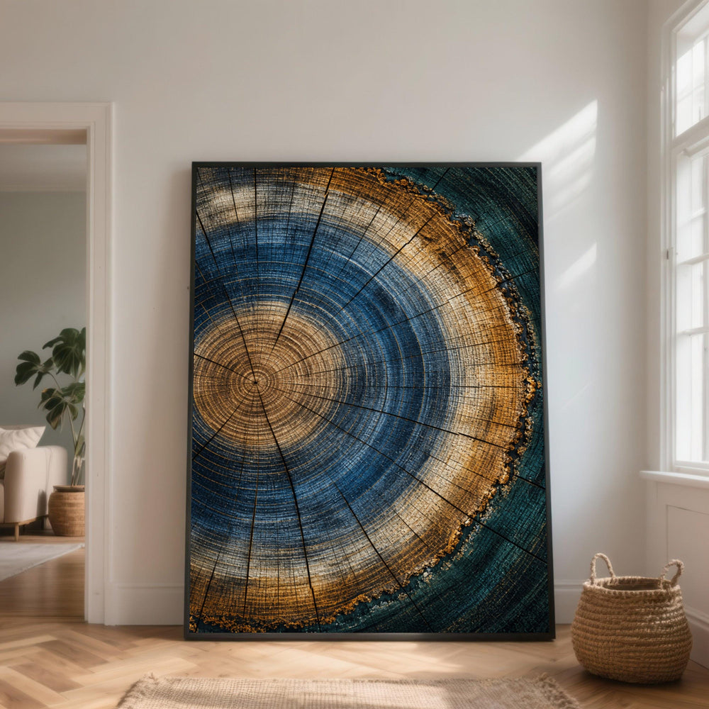Tree Rings Close-Up Canvas Wall Art, Abstract Nature Wood Rings, Blue and Brown Home Decor, Circular Wood Pattern Canvas, Rustic Wall Accent