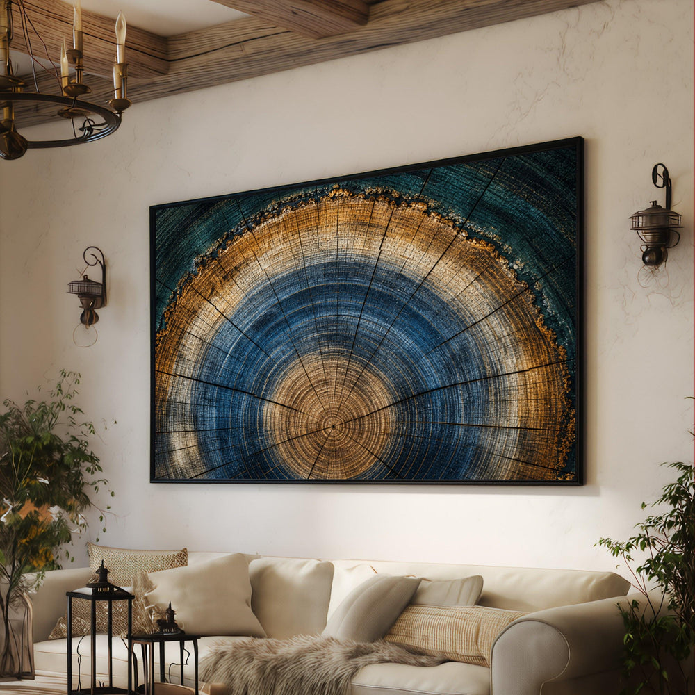 Abstract Tree Rings Canvas Wall Art, Blue and Brown Wood Grain Print, Modern Nature Decor, Circular Growth Rings Artwork, Ready to Hang
