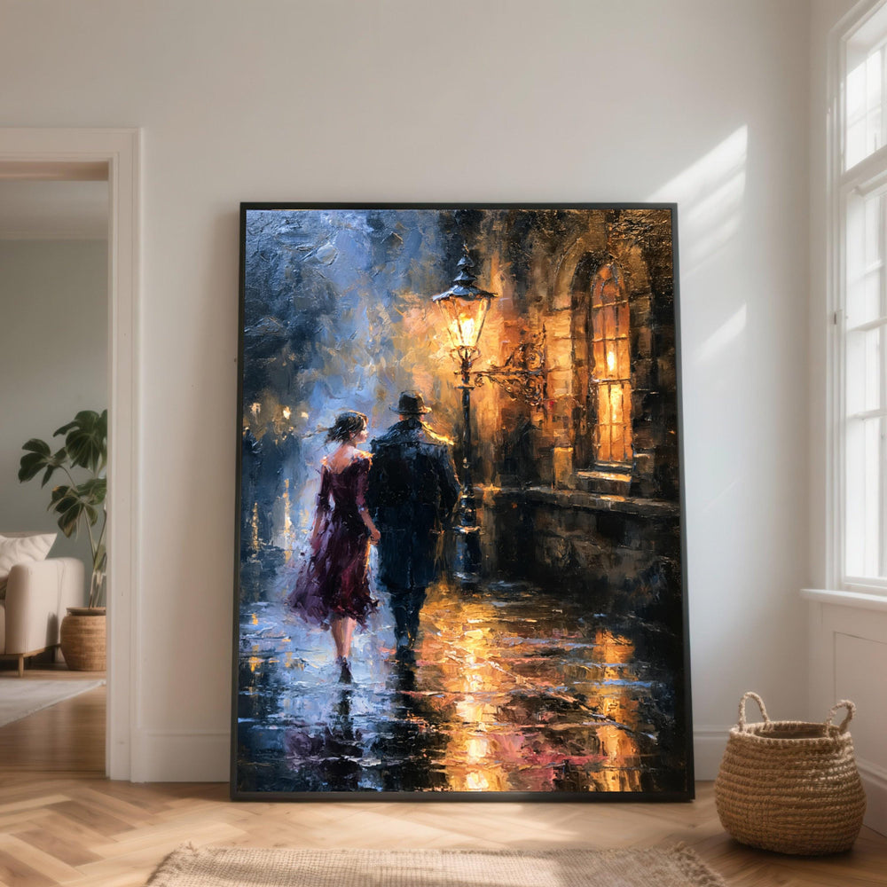 Romantic Evening Stroll, Vintage Street Lamp Canvas, Couple Walking Wall Art, City Nightscape Canvas, Warm Light Reflection Decor