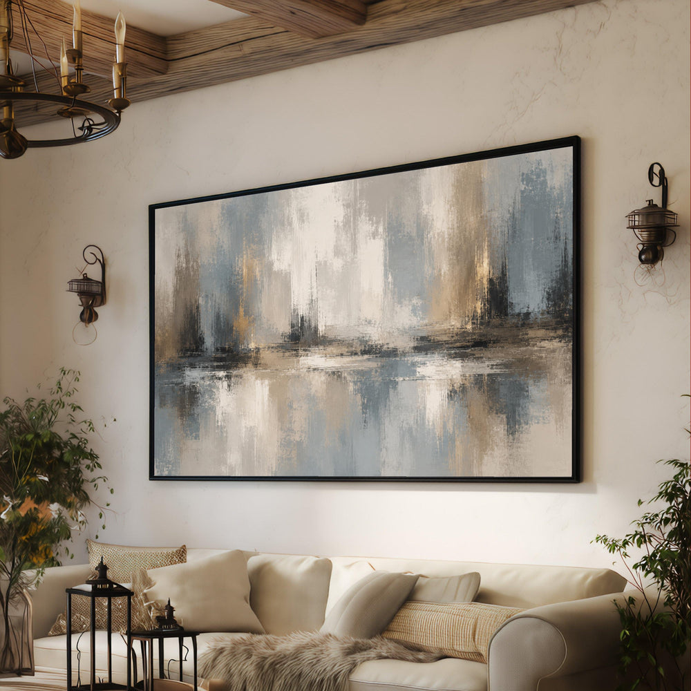 Neutral Abstract Reflection Canvas, Modern Blue Beige Wall Art, Contemporary Home Decor, Horizontal Canvas Painting, Ready to Hang Artwork