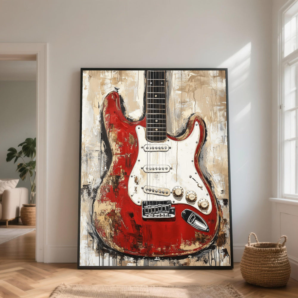 Vintage Red Electric Guitar Canvas, Musical Instrument Wall Art, Retro Rock Decor, Music Lover Canvas, Home Studio Decoration