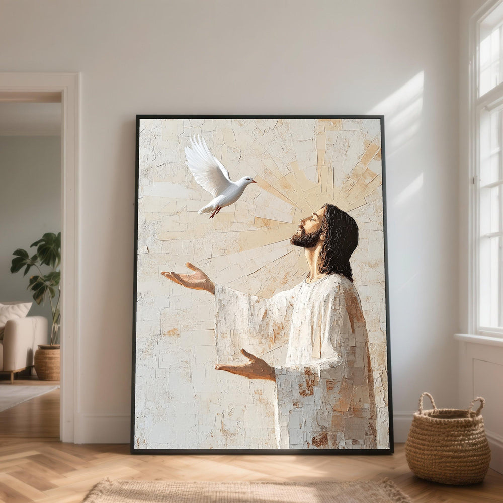 Jesus Christ with Dove Canvas Wall Art, Spiritual Religious Painting, Christian Home Decor, Inspirational Faith Canvas, Peaceful Wall