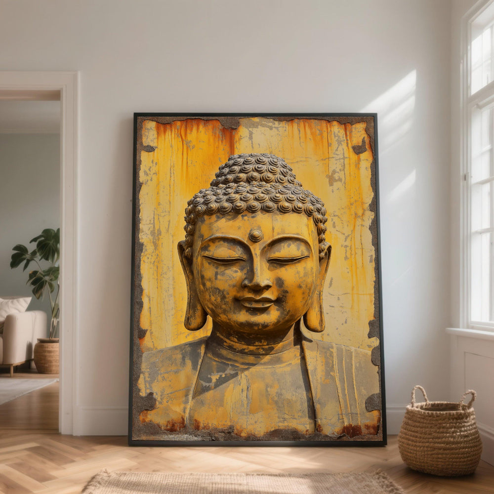 Tranquil Buddha Face Canvas Wall Art, Vintage Yellow Spiritual Decor, Meditation Statue Canvas, Zen Home Decoration