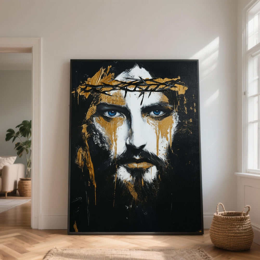Jesus Portrait Canvas Wall Art, Crown of Thorns Painting, Religious Christian Canvas, Faith and Devotion Wall Decor, Blue Eyes Spiritual