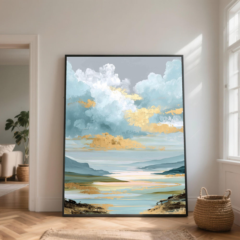 Golden Sky Reflection Canvas, Abstract Cloudscape Wall Art, Serene Lake View Canvas, Coastal Landscape Painting, Modern Home Decor