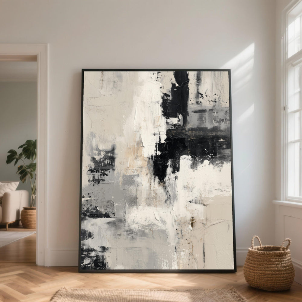 Modern Neutral Abstract Canvas Wall Art, Black White Gray Home Décor, Minimalist Abstract Painting, Contemporary Living Room Art