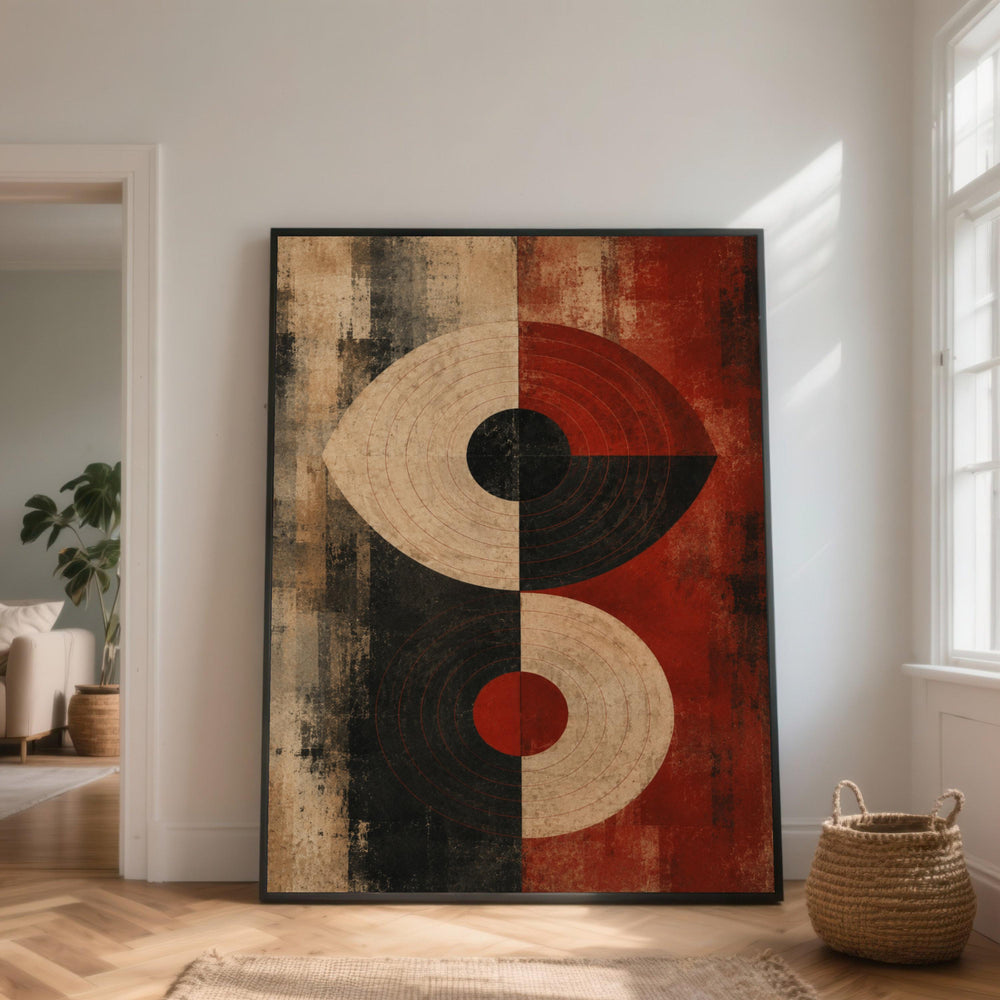 Modern Geometric Canvas Wall Art, Abstract Circles Design, Red Black Beige Home Decor, Contemporary Canvas Art, Minimalist Wall Decoration