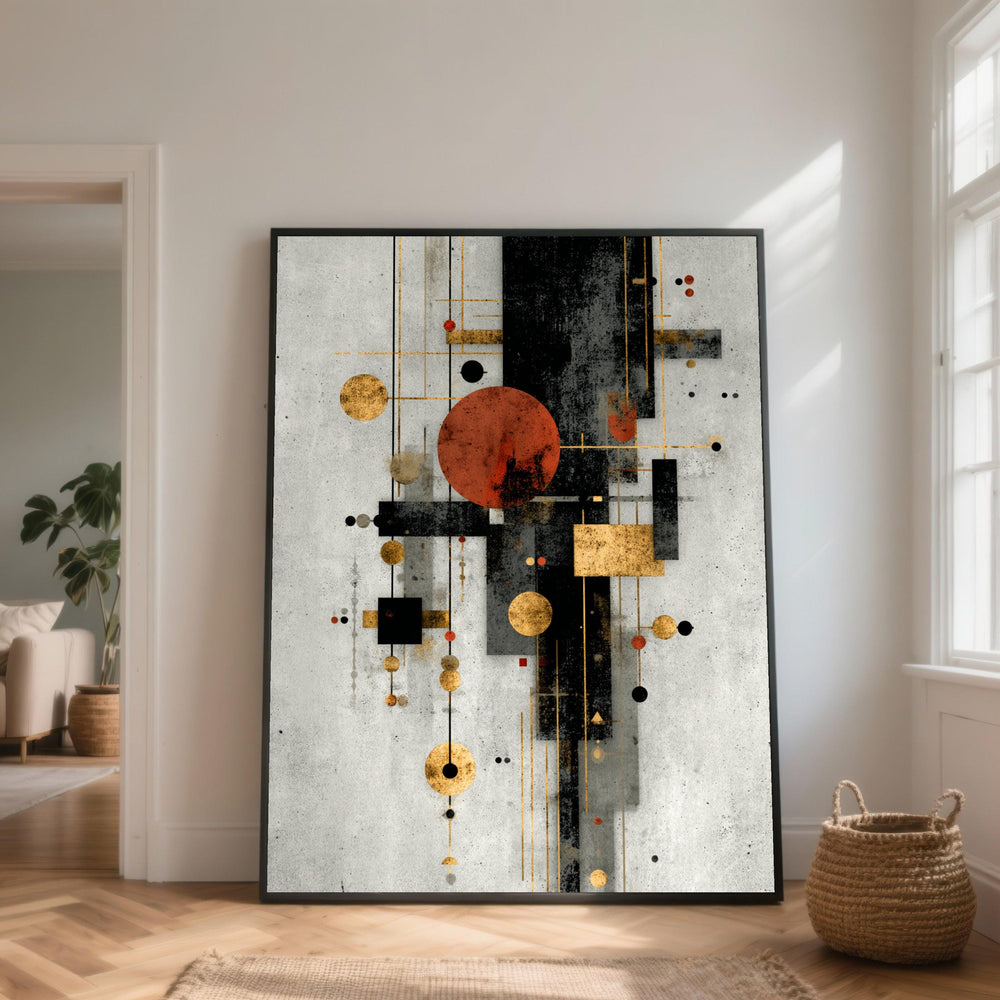 Abstract Geometric Composition Canvas, Modern Art Wall Decor, Black and Gold Shapes, Red Circle Accent, Contemporary Canvas Print